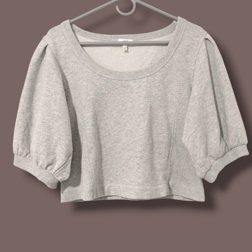 Aerie Heather Grey French Terry Scoop Neck Puff Sleeve Cropped Sweatshirt LG - Picture 2 of 10